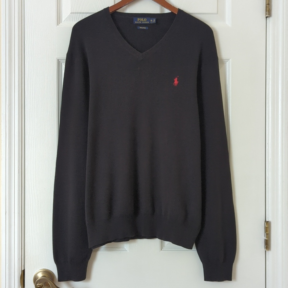 Polo Ralph Lauren Classic Preppy Lightweight Pima Cotton V-neck Sweater Black XL